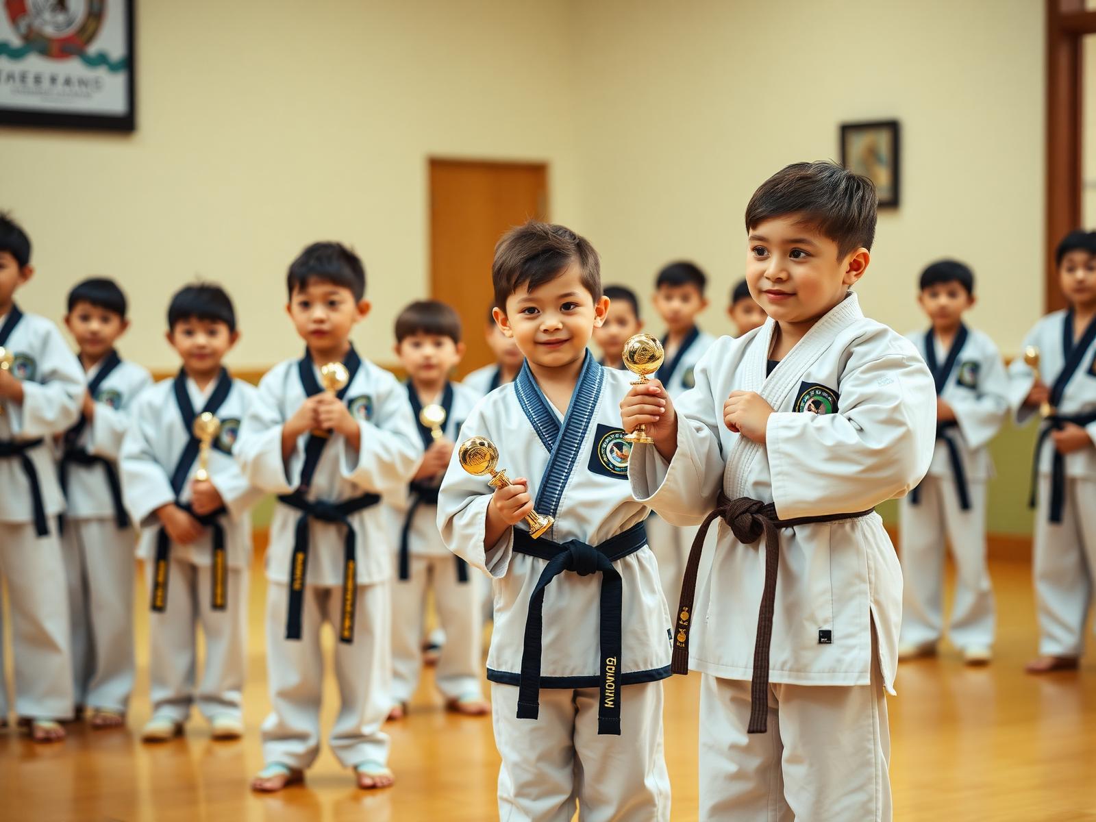 Students lined up with belts and trophies after a rank ceremony
