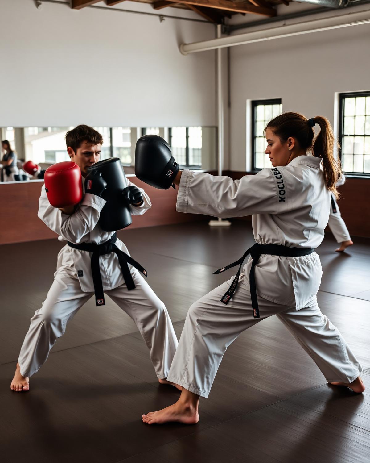 Teen and adult students training self-defense with focus pads