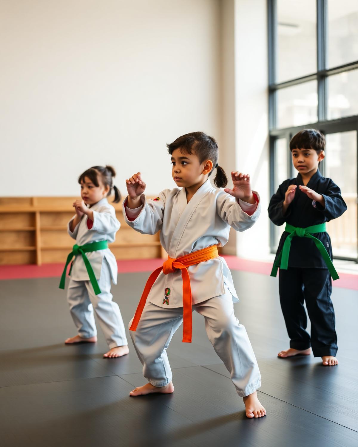 Kids ages seven to twelve holding a focused taekwondo stance