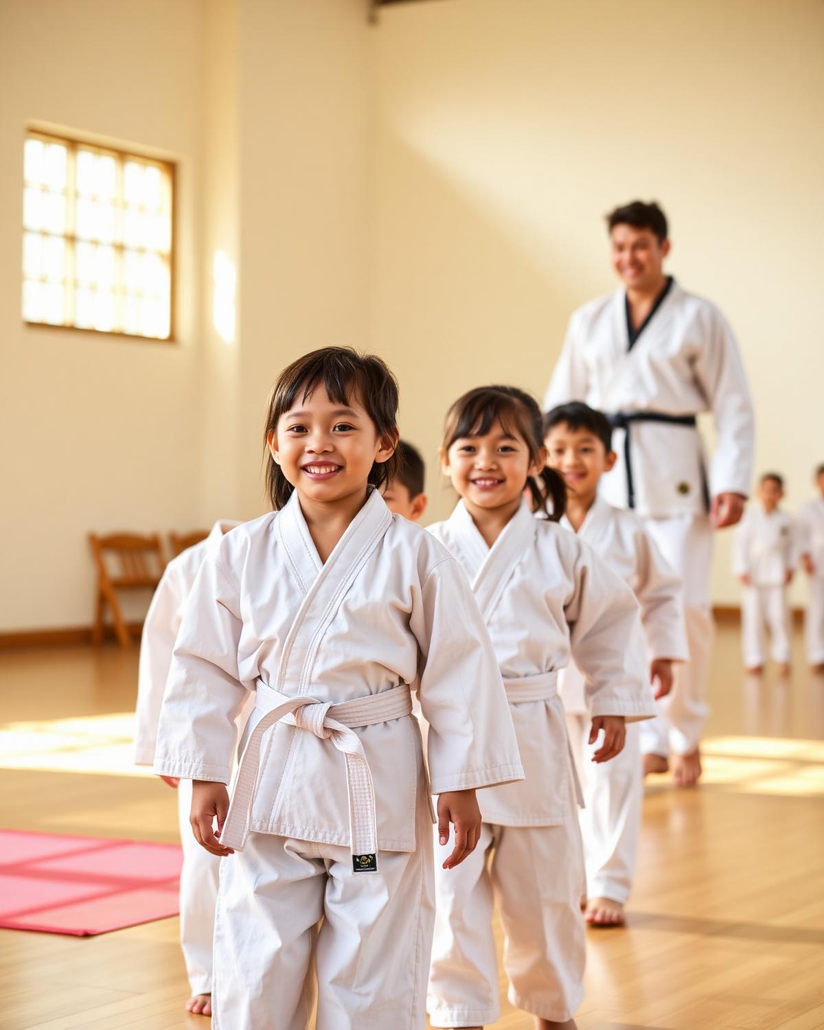 Young children in white uniforms following an instructor during an ATA Tigers class